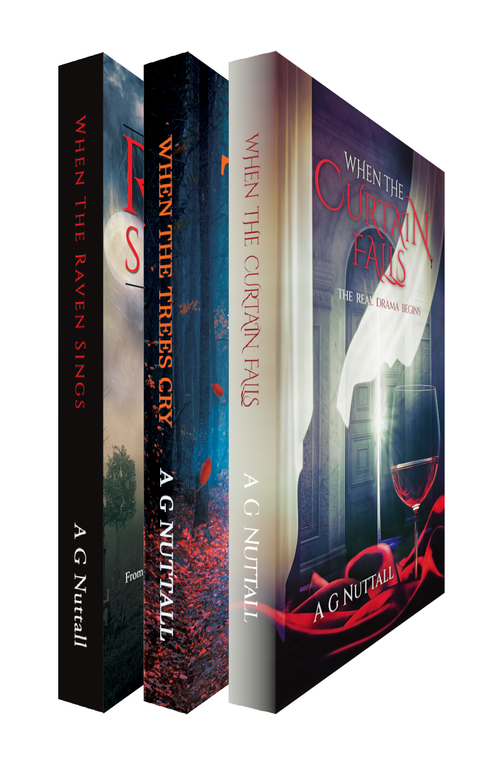 3D image of a book bundle featuring three novels by A G Nuttall: ‘When the Raven Sings,’ ‘When the Trees Cry,’ and ‘When the Curtain Falls.’