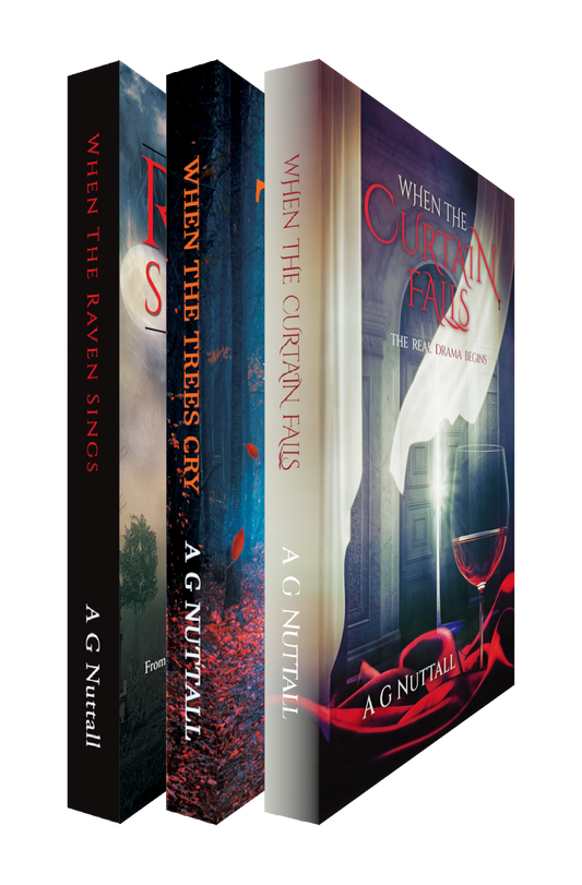 3D image of a book bundle featuring three novels by A G Nuttall: ‘When the Raven Sings,’ ‘When the Trees Cry,’ and ‘When the Curtain Falls.’