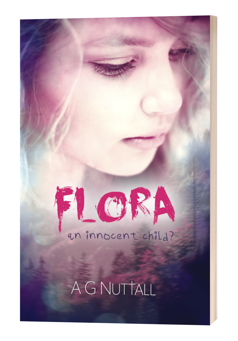 Cover of the book ‘Flora: An Innocent Child?’ by A G Nuttall. The image shows a soft, pastel-toned close-up of a young girl looking downward with a pensive expression, overlaid on a misty forest scene. The title is in bold pink, rough-textured text.